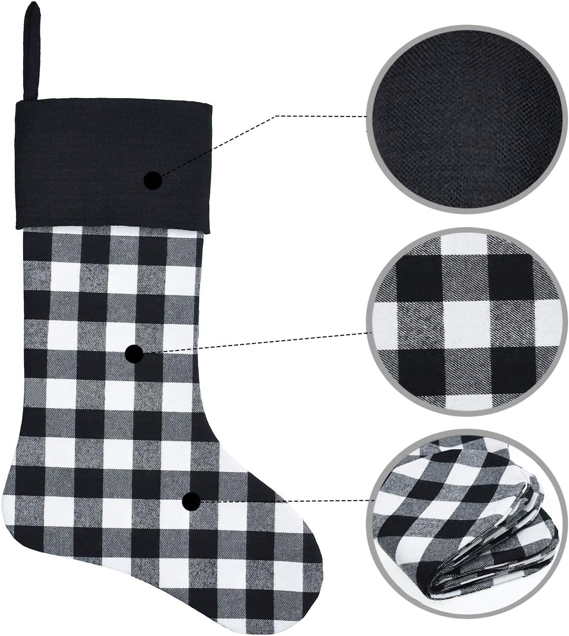 6 Pack Christmas Stockings- 18 Inch Black White Buffalo Plaid Christmas Stockings with Black Cuff Fireplace Hanging Stockings for Family Christmas Decoration Holiday Season Party Decor