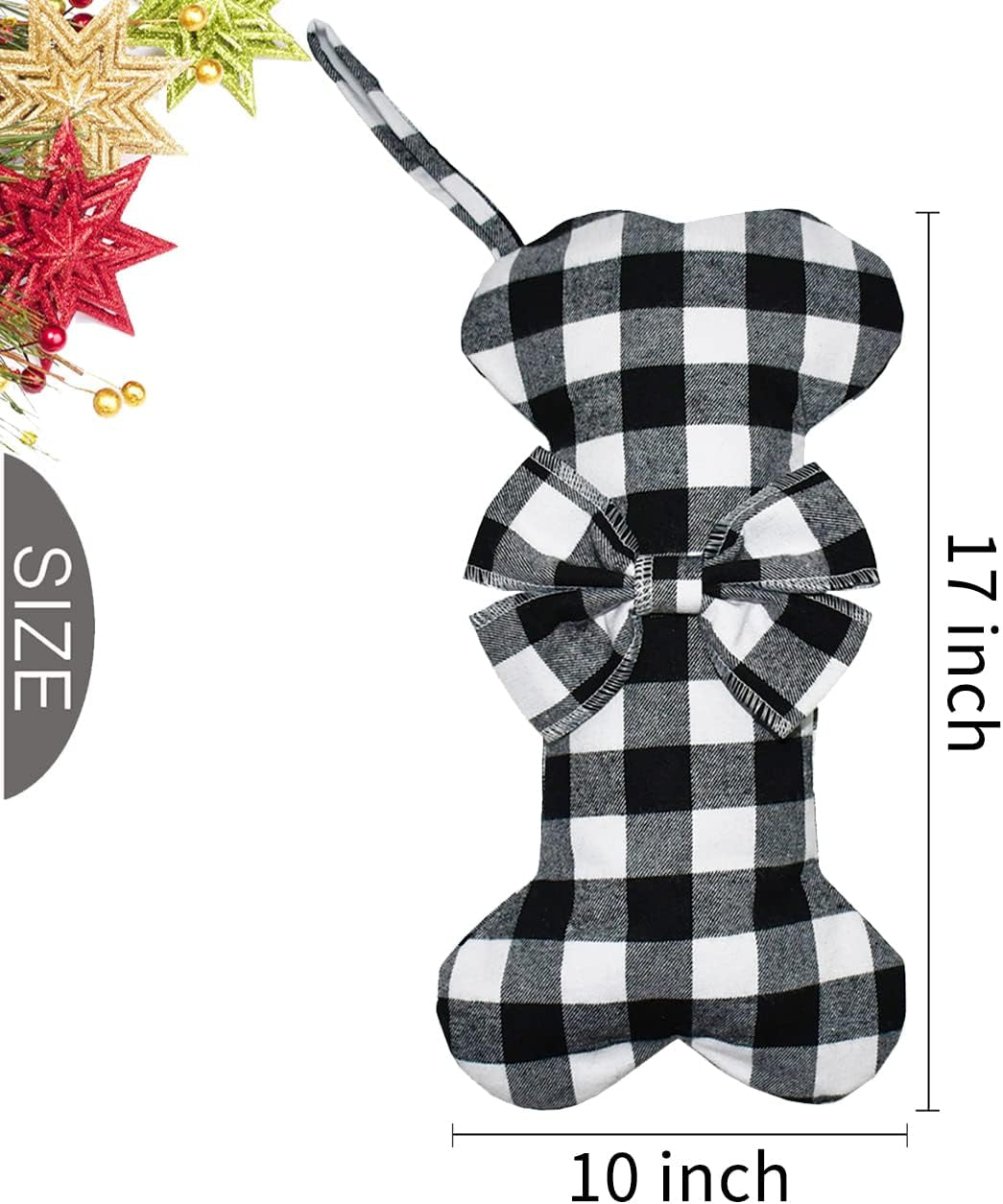 Pet Dog Christmas Stockings Classic Buffalo Black White Plaid Large Bone Shape Hanging Christmas Stocking for Dogs Pets