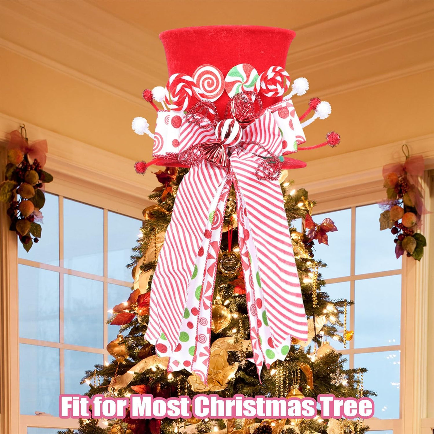 Candy Cane Christmas Tree Topper, Velvet Red Tree Topper Hat with Candy Peppermint Bows Ribbon Ornament, Top Hat Christmas Tree Topper for Home Office Holiday Tree Decoration Xmas Gift