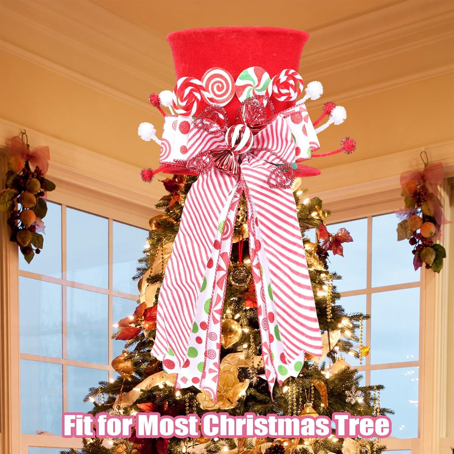 Candy Cane Christmas Tree Topper, Velvet Red Tree Topper Hat with Candy Peppermint Bows Ribbon Ornament, Top Hat Christmas Tree Topper for Home Office Holiday Tree Decoration Xmas Gift