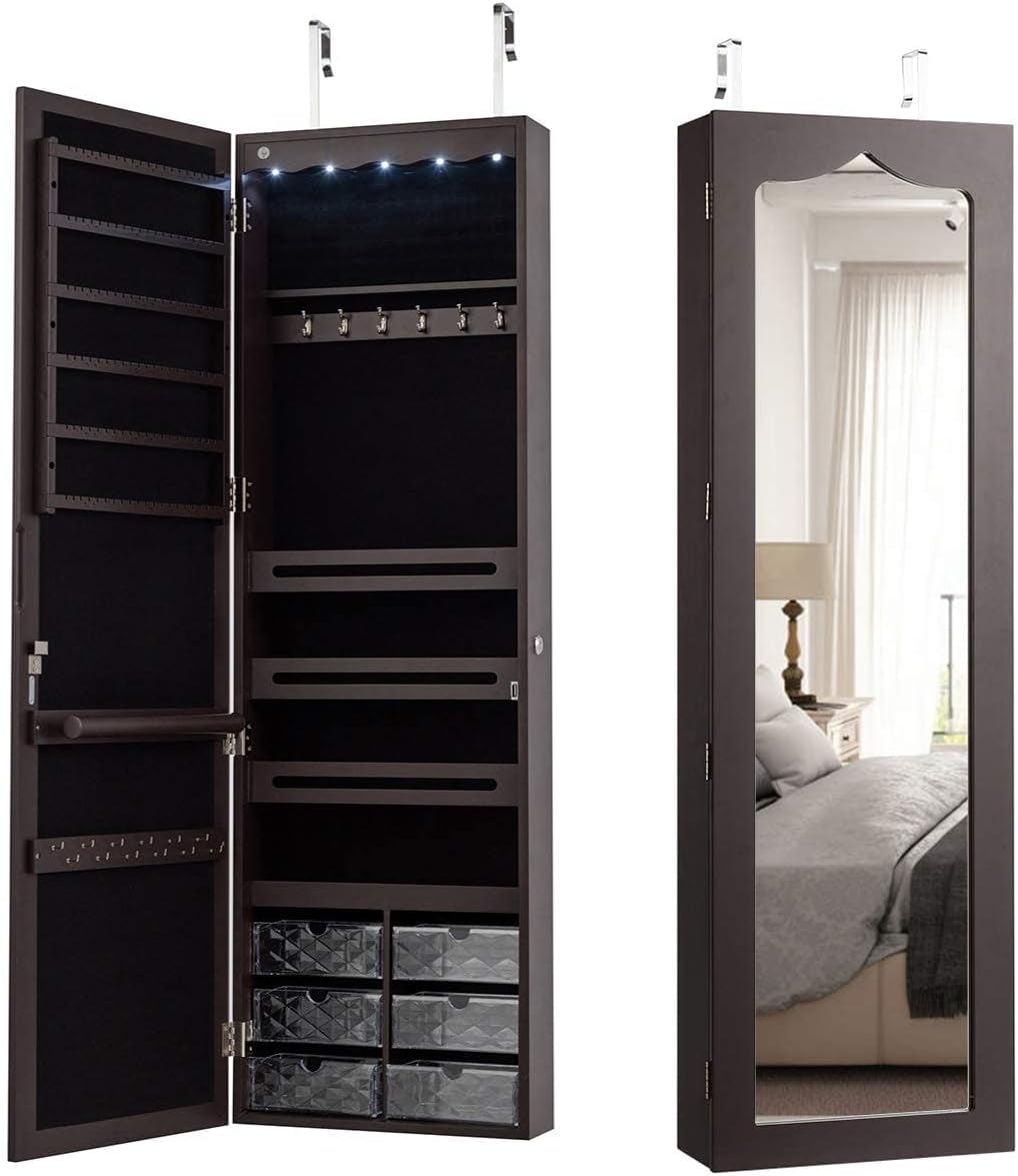 Jewelry Cabinet Armoire, Wall Mount Door Hanging, Lockable Jewelry Organizer with 47.5'' Full Length Mirror, 5 Lights, Large Jewelry Storage Box with 6 Acrylic Drawers (Brown)