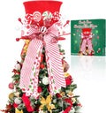 Candy Cane Christmas Tree Topper, Velvet Red Tree Topper Hat with Candy Peppermint Bows Ribbon Ornament, Top Hat Christmas Tree Topper for Home Office Holiday Tree Decoration Xmas Gift