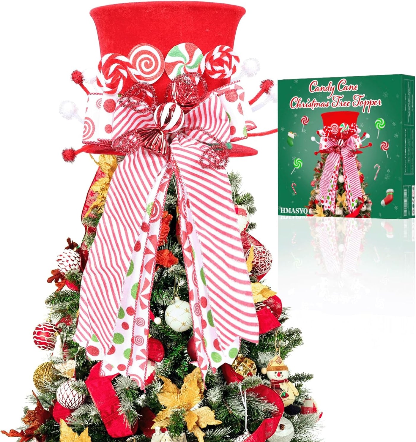 Candy Cane Christmas Tree Topper, Velvet Red Tree Topper Hat with Candy Peppermint Bows Ribbon Ornament, Top Hat Christmas Tree Topper for Home Office Holiday Tree Decoration Xmas Gift