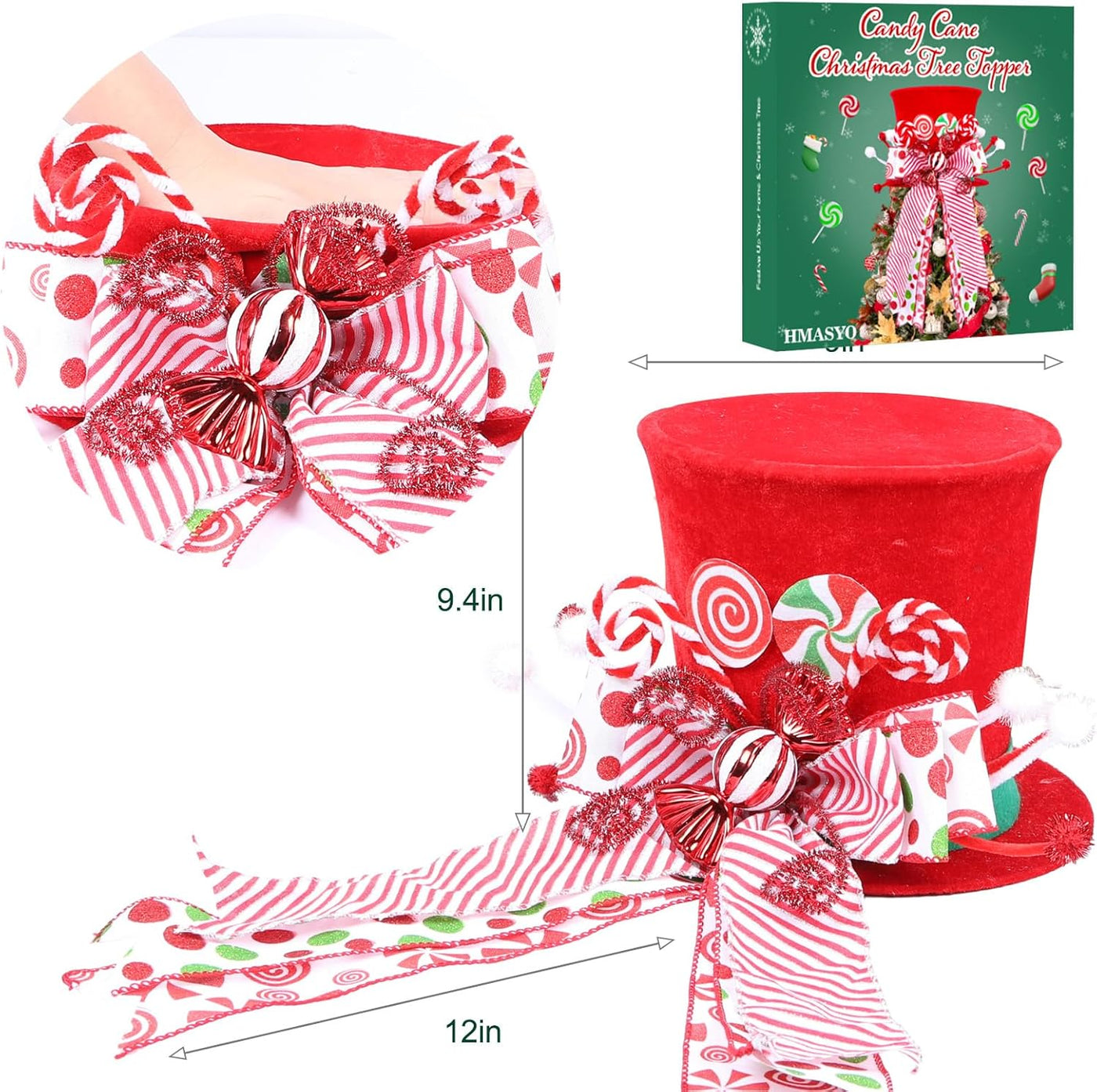 Candy Cane Christmas Tree Topper, Velvet Red Tree Topper Hat with Candy Peppermint Bows Ribbon Ornament, Top Hat Christmas Tree Topper for Home Office Holiday Tree Decoration Xmas Gift