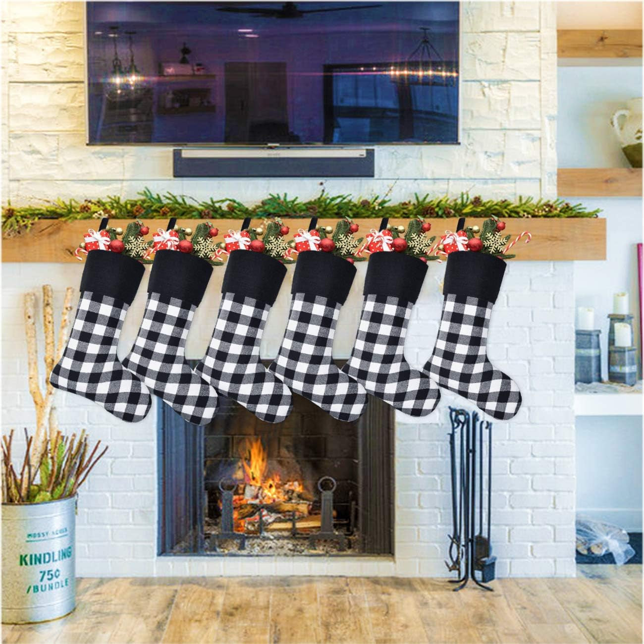 6 Pack Christmas Stockings- 18 Inch Black White Buffalo Plaid Christmas Stockings with Black Cuff Fireplace Hanging Stockings for Family Christmas Decoration Holiday Season Party Decor