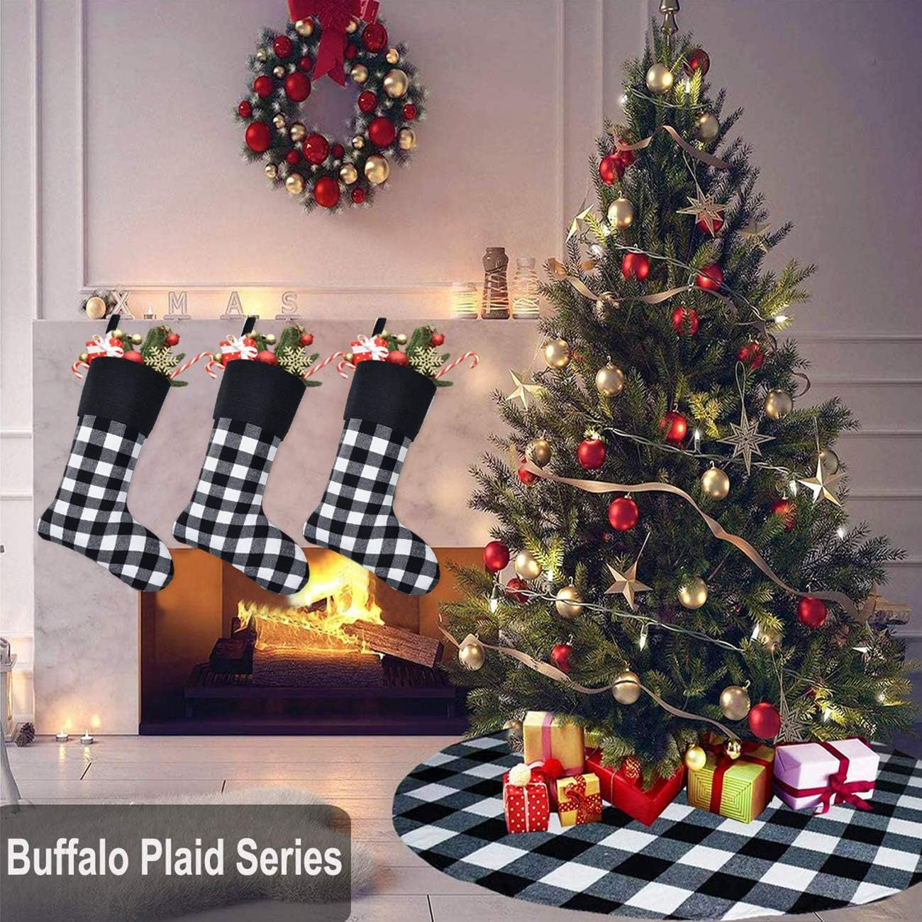 6 Pack Christmas Stockings- 18 Inch Black White Buffalo Plaid Christmas Stockings with Black Cuff Fireplace Hanging Stockings for Family Christmas Decoration Holiday Season Party Decor