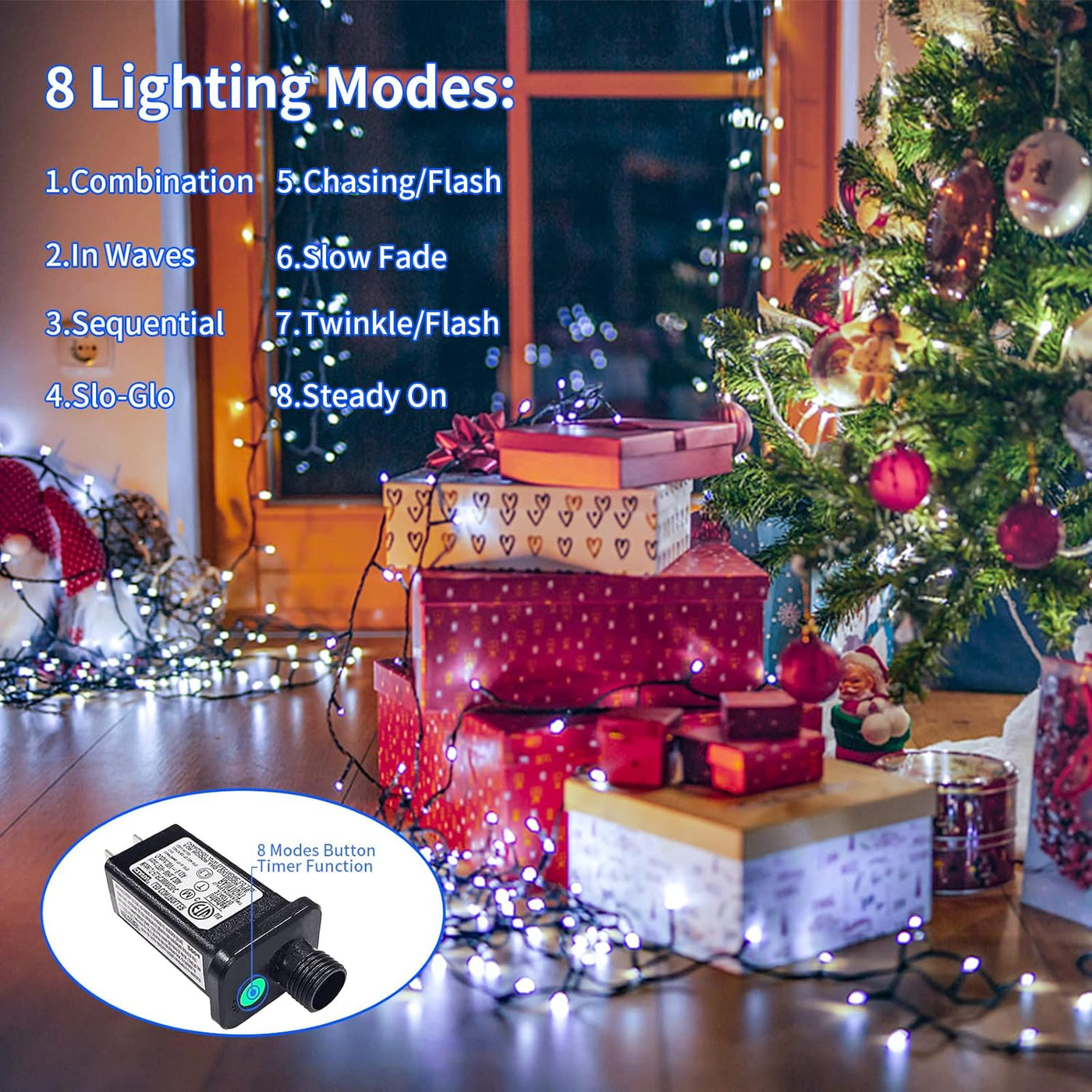 200 LED White Christmas Lights Outdoor, 66Ft Christmas Tree Lights Green Wire, 8 Modes Waterproof Twinkle String Lights Plug in for Xmas Wedding Party Indoor Decoration