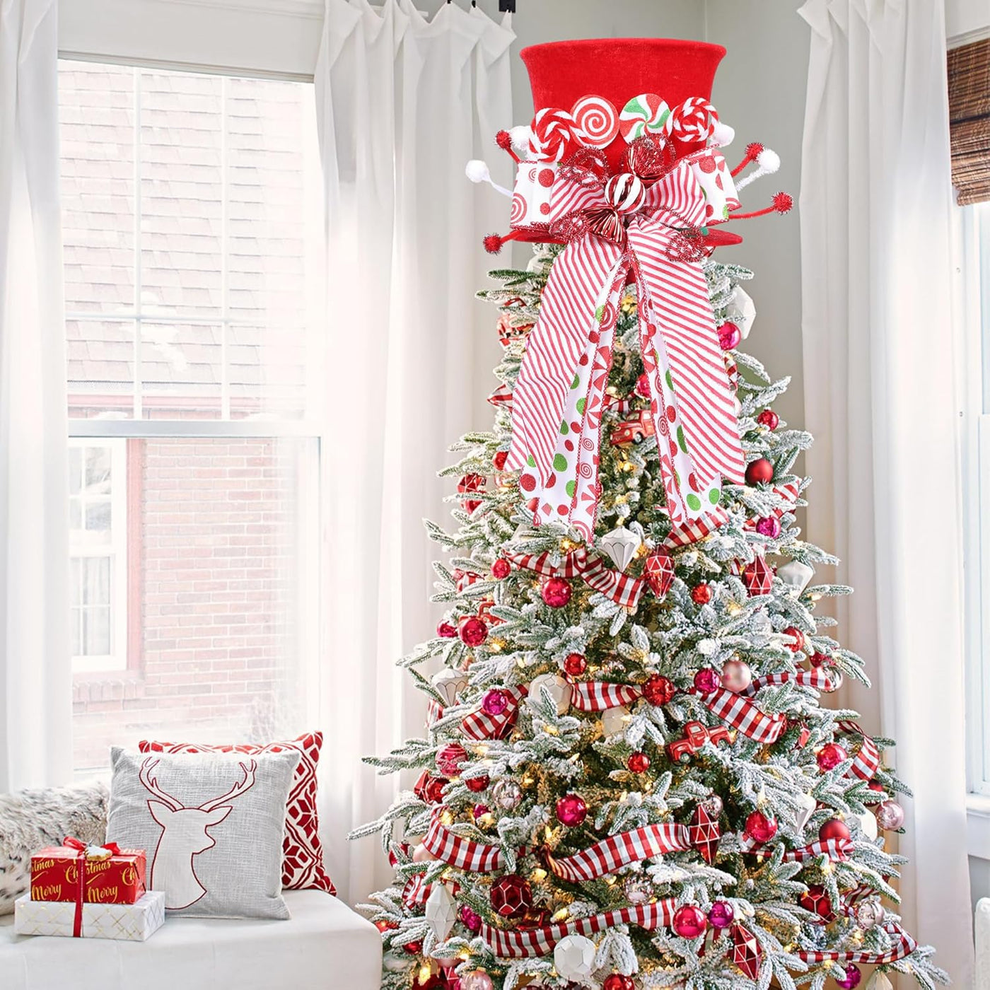 Candy Cane Christmas Tree Topper, Velvet Red Tree Topper Hat with Candy Peppermint Bows Ribbon Ornament, Top Hat Christmas Tree Topper for Home Office Holiday Tree Decoration Xmas Gift