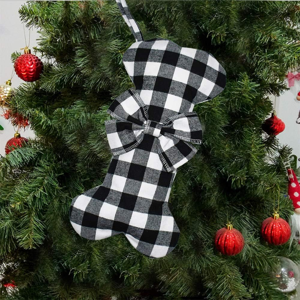 Pet Dog Christmas Stockings Classic Buffalo Black White Plaid Large Bone Shape Hanging Christmas Stocking for Dogs Pets