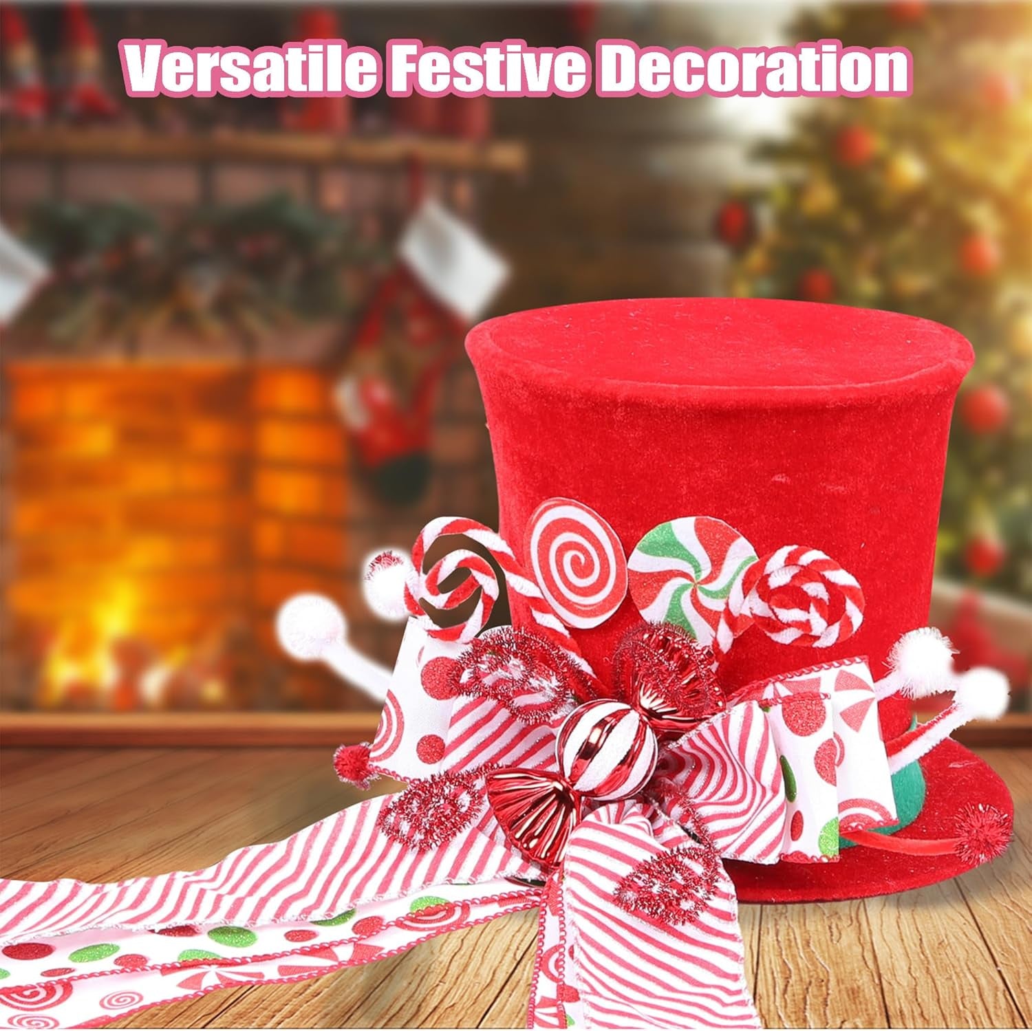 Candy Cane Christmas Tree Topper, Velvet Red Tree Topper Hat with Candy Peppermint Bows Ribbon Ornament, Top Hat Christmas Tree Topper for Home Office Holiday Tree Decoration Xmas Gift