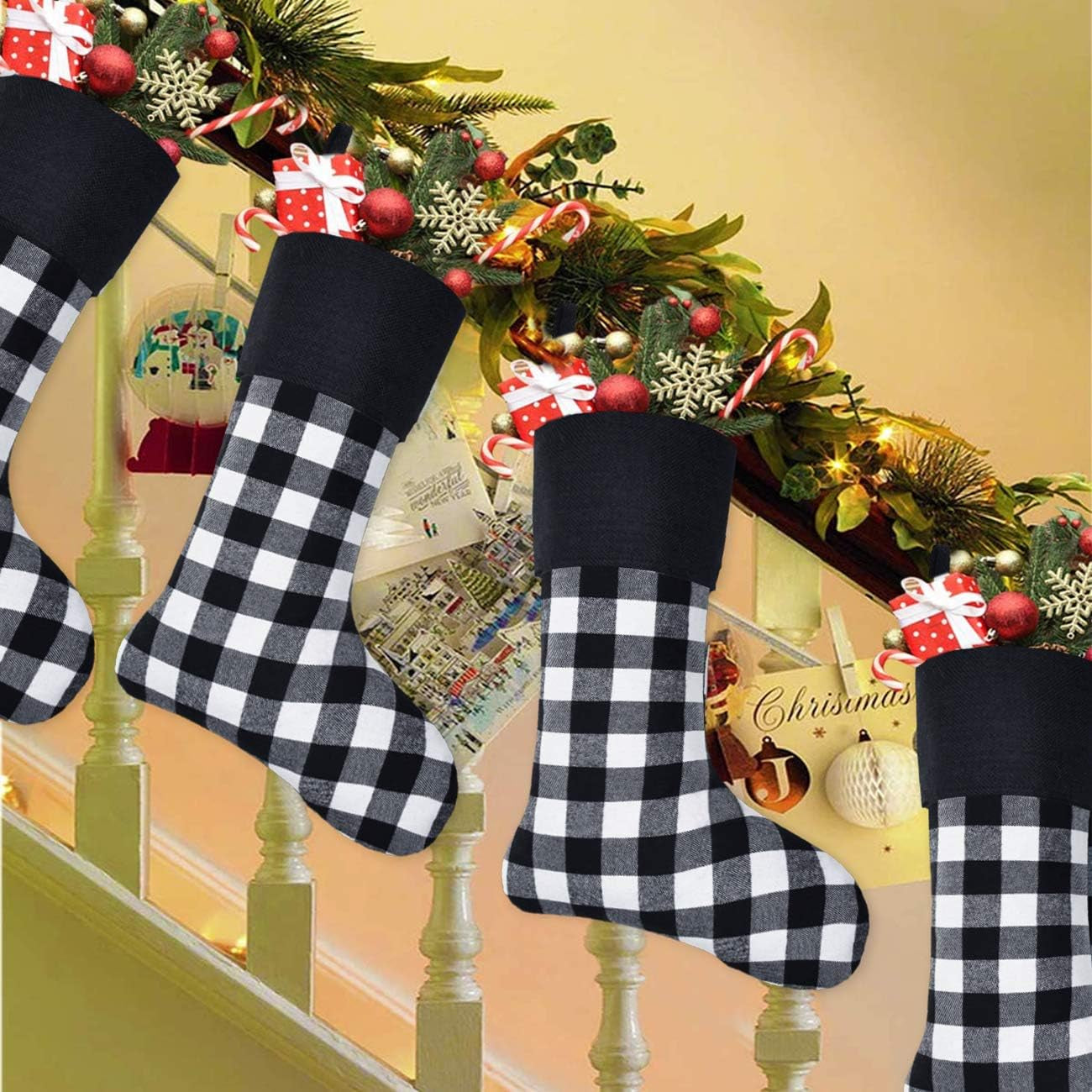 6 Pack Christmas Stockings- 18 Inch Black White Buffalo Plaid Christmas Stockings with Black Cuff Fireplace Hanging Stockings for Family Christmas Decoration Holiday Season Party Decor