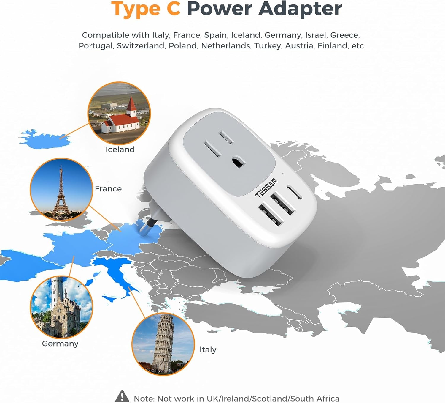 UK Ireland Hong Kong Power Adapter,  International Travel Plug with 3 USB Ports (1 USB C), Type G Converter Outlet Adaptor Charger for USA to British England Scotland Irish Qatar London