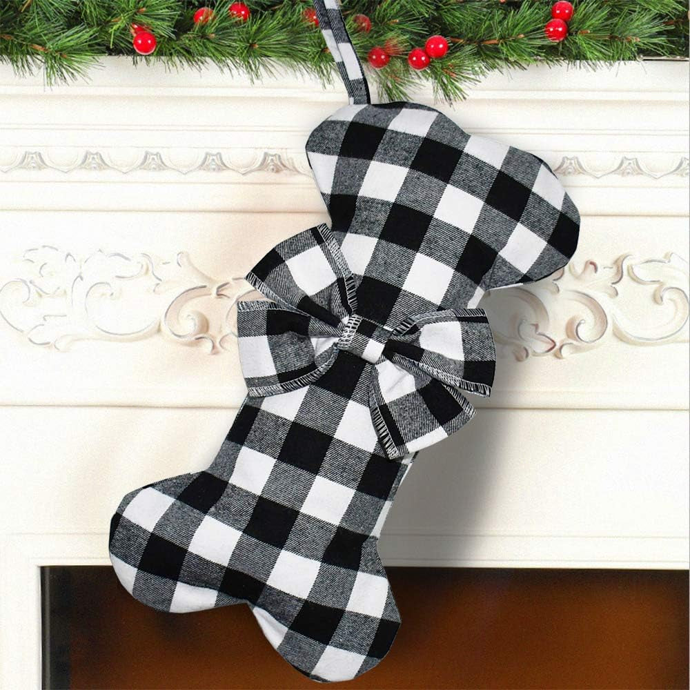 Pet Dog Christmas Stockings Classic Buffalo Black White Plaid Large Bone Shape Hanging Christmas Stocking for Dogs Pets