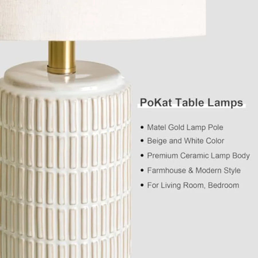Ceramic Bedside Table Lamps (Set of 2) – Modern Farmhouse Nightstand Lamps with Gold Base