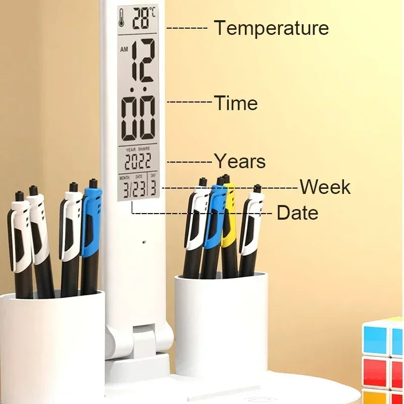 LED Desk Lamp with Clock & Calendar – Dimmable Touch Study Night Light
