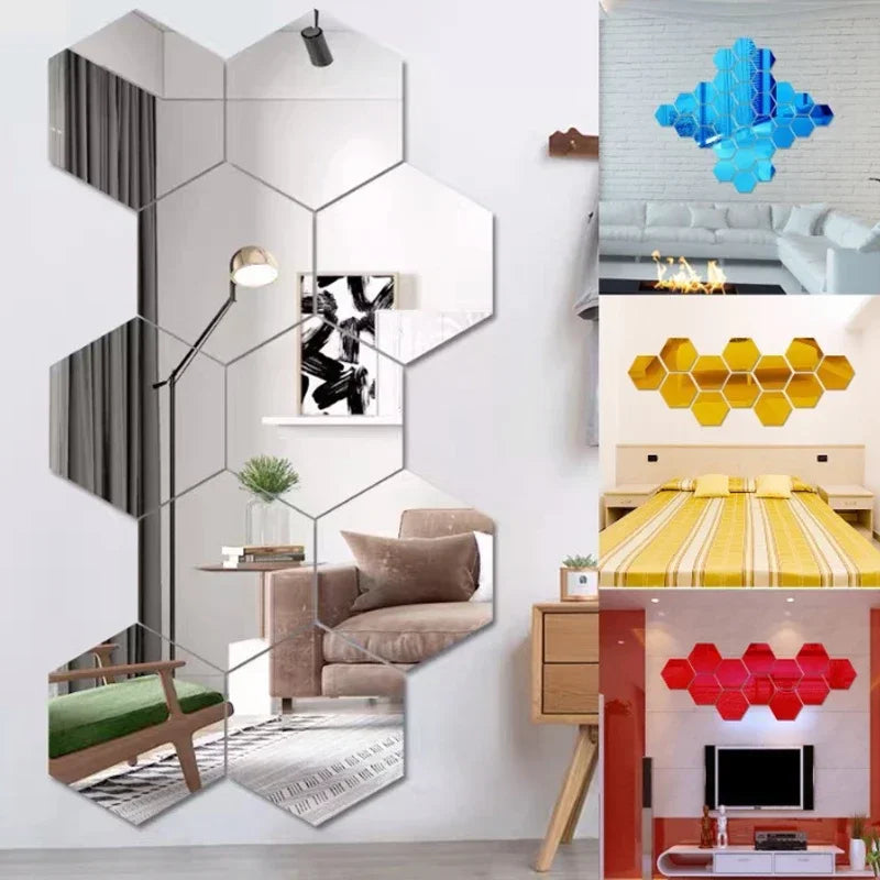 Hexagon 3D Mirror Wall Stickers – Self-Adhesive Acrylic Decor Decals (6/12 Pack)