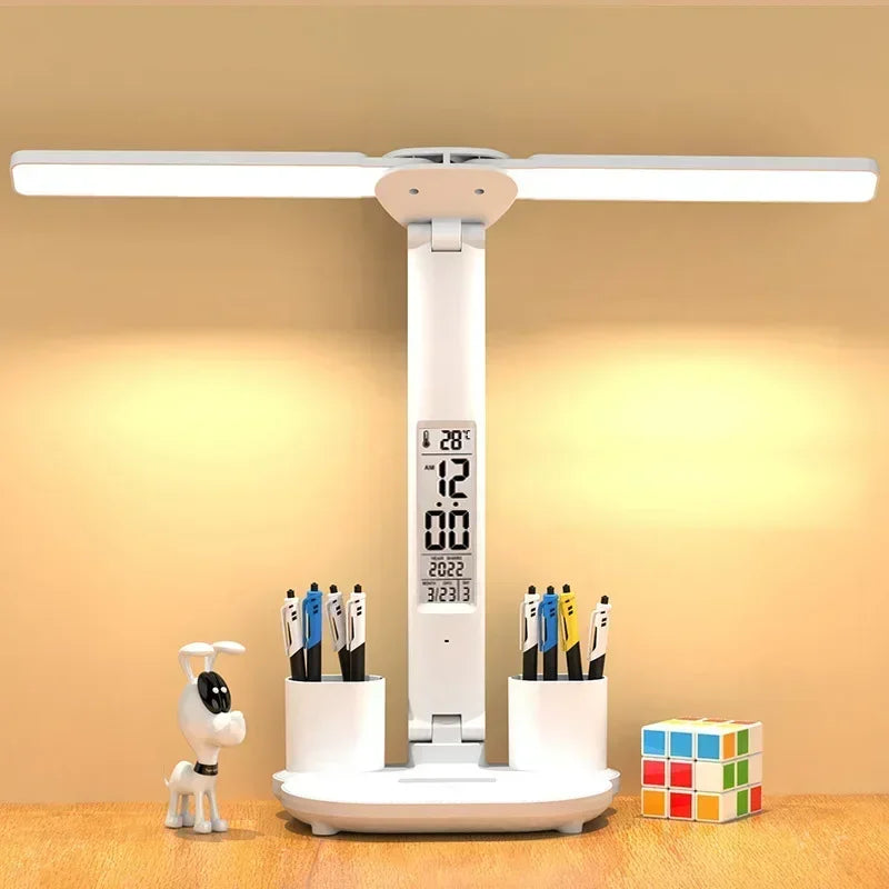 LED Desk Lamp with Clock & Calendar – Dimmable Touch Study Night Light