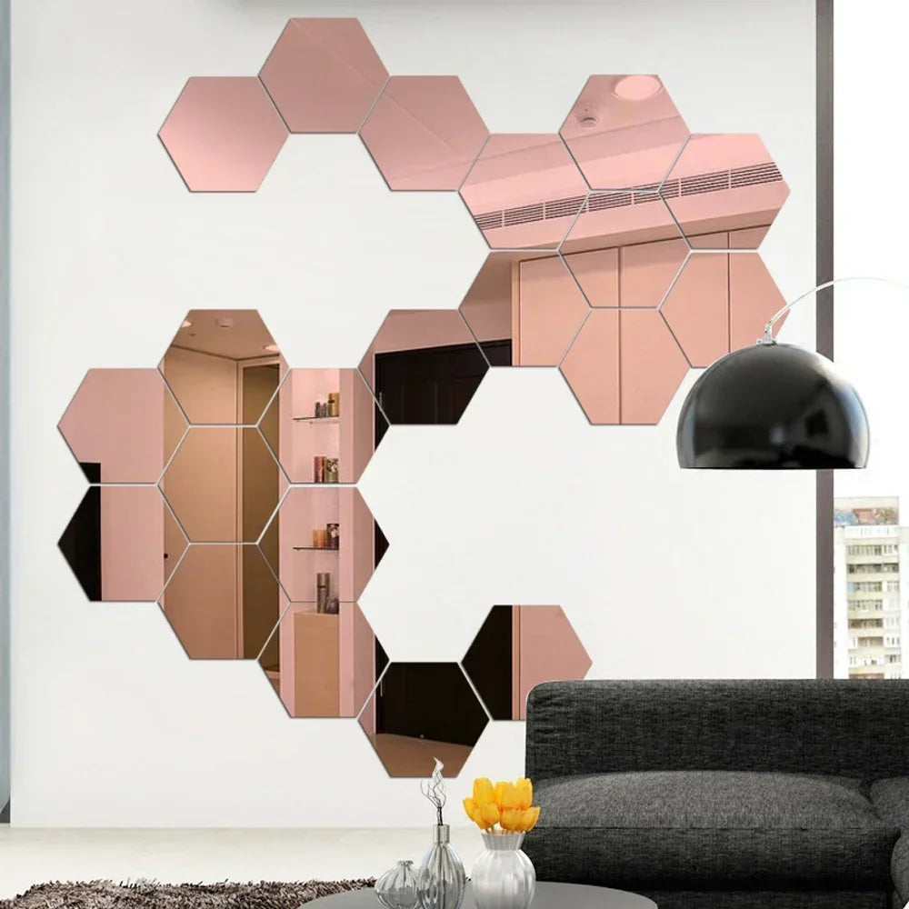 Hexagon 3D Mirror Wall Stickers – Self-Adhesive Acrylic Decor Decals (6/12 Pack)