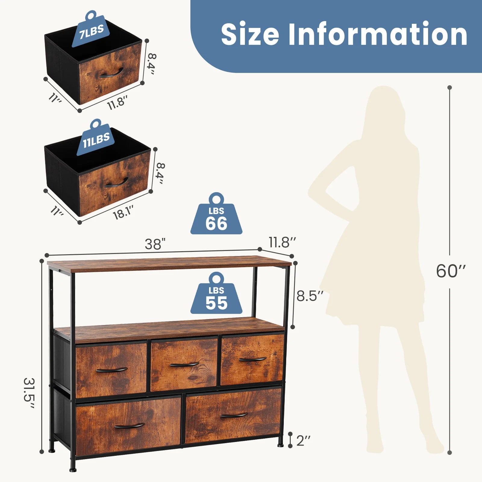 Fireplace TV Stand with Fabric Drawer Storage