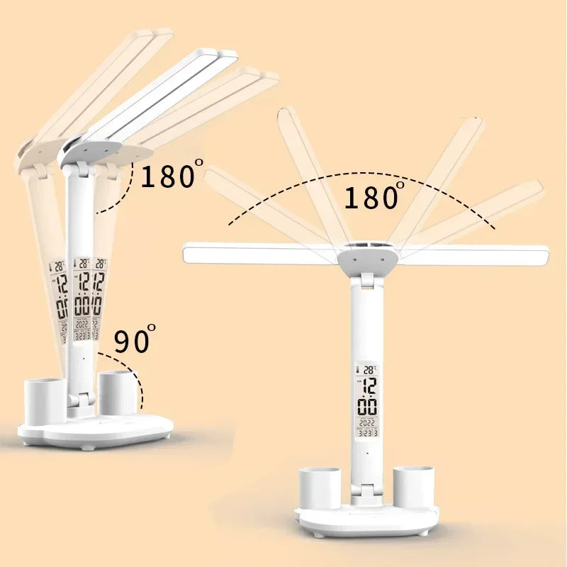 LED Desk Lamp with Clock & Calendar – Dimmable Touch Study Night Light