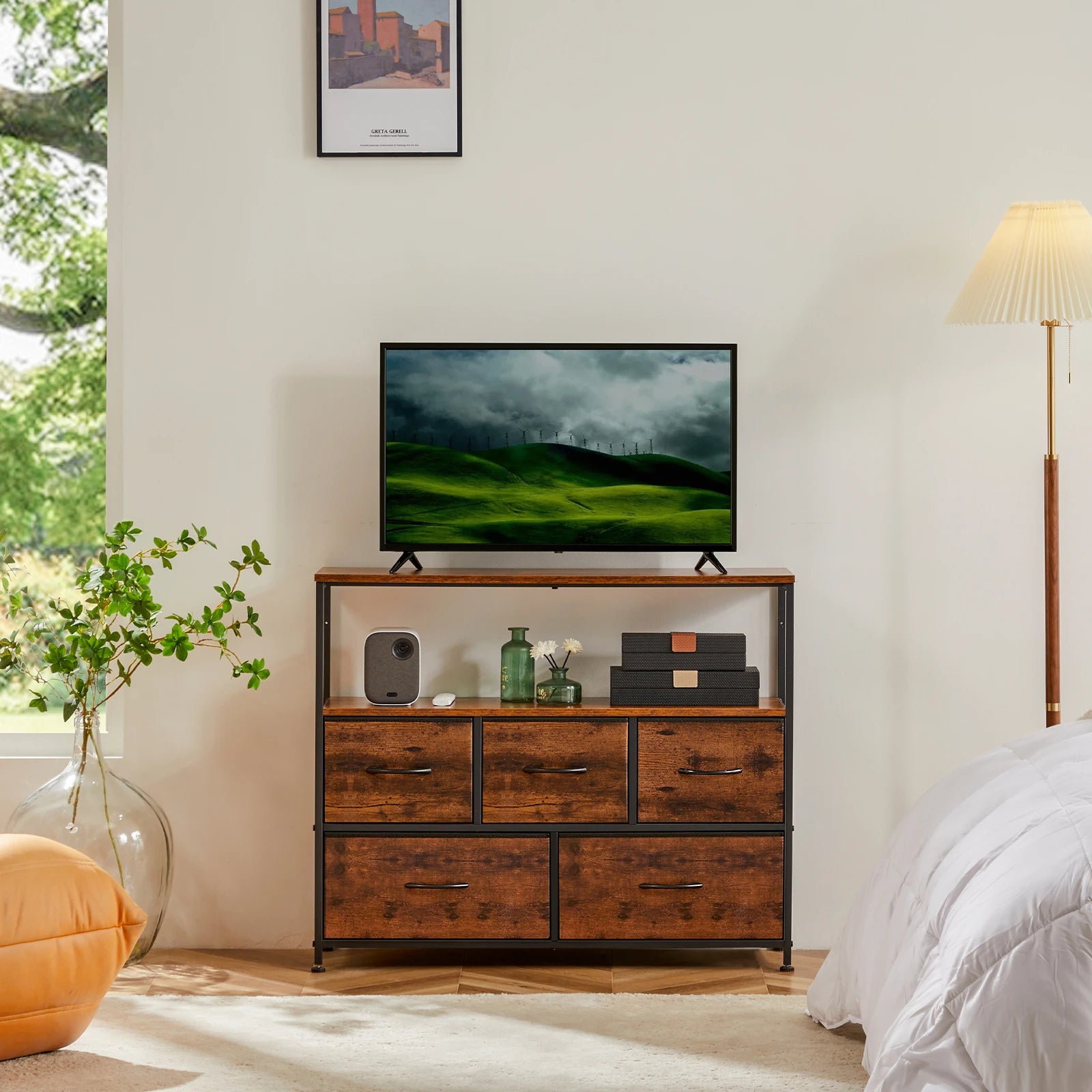Fireplace TV Stand with Fabric Drawer Storage