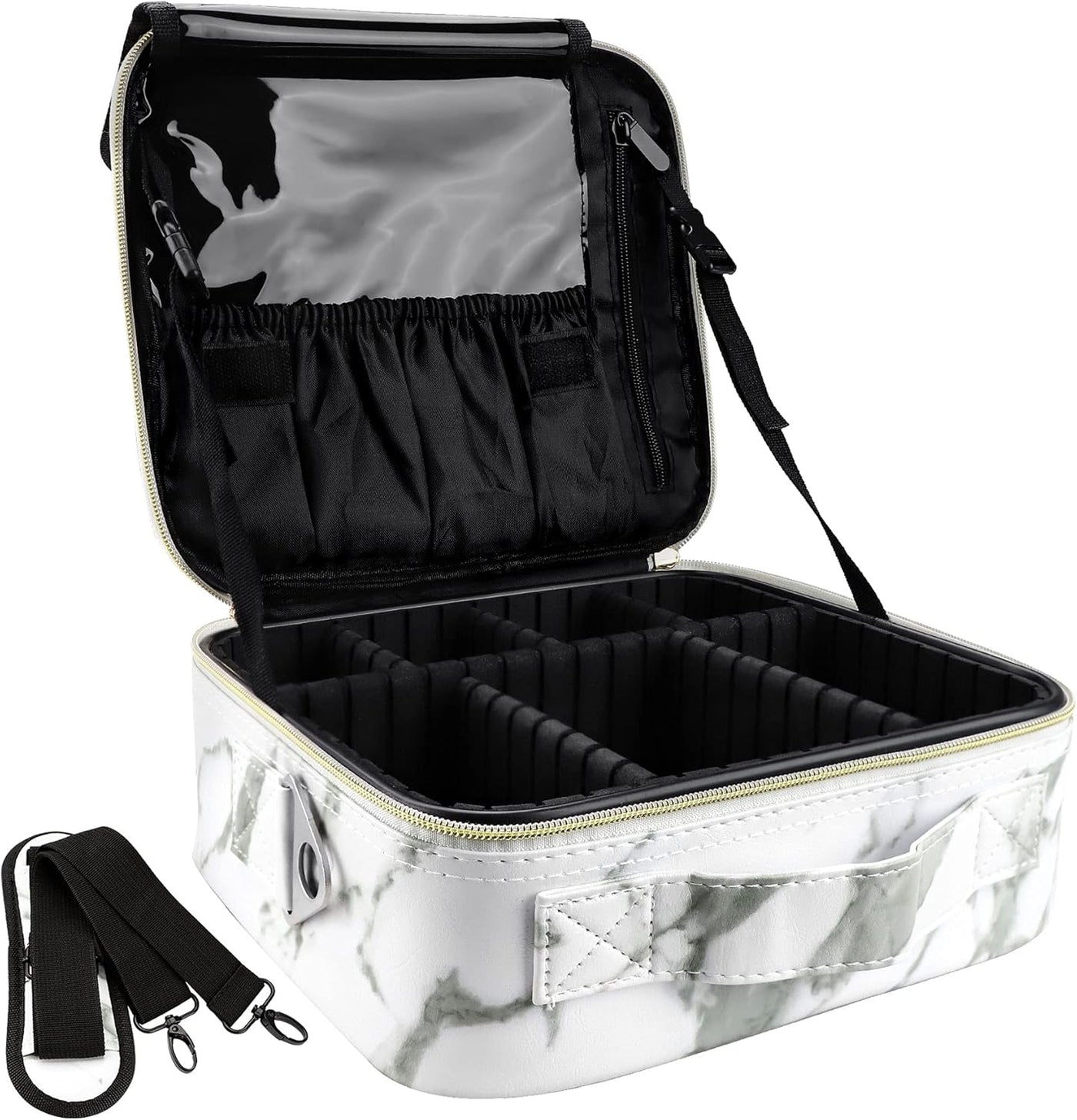 Travel Makeup Bag 10.4 Inches Portable Makeup Train Case Cosmetic Bag Organizer with Adjustable Dividers and Shoulder Strap for Cosmetics Brushes Toiletry Jewelry Digital Accessories (Marble)