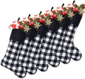 6 Pack Christmas Stockings- 18 Inch Black White Buffalo Plaid Christmas Stockings with Black Cuff Fireplace Hanging Stockings for Family Christmas Decoration Holiday Season Party Decor