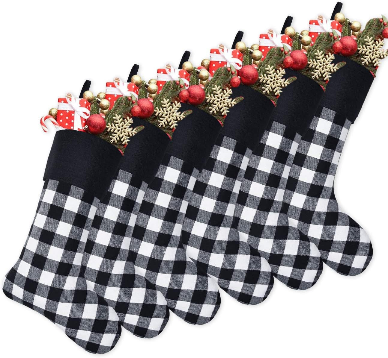 6 Pack Christmas Stockings- 18 Inch Black White Buffalo Plaid Christmas Stockings with Black Cuff Fireplace Hanging Stockings for Family Christmas Decoration Holiday Season Party Decor