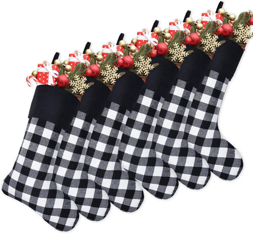 6 Pack Christmas Stockings- 18 Inch Black White Buffalo Plaid Christmas Stockings with Black Cuff Fireplace Hanging Stockings for Family Christmas Decoration Holiday Season Party Decor