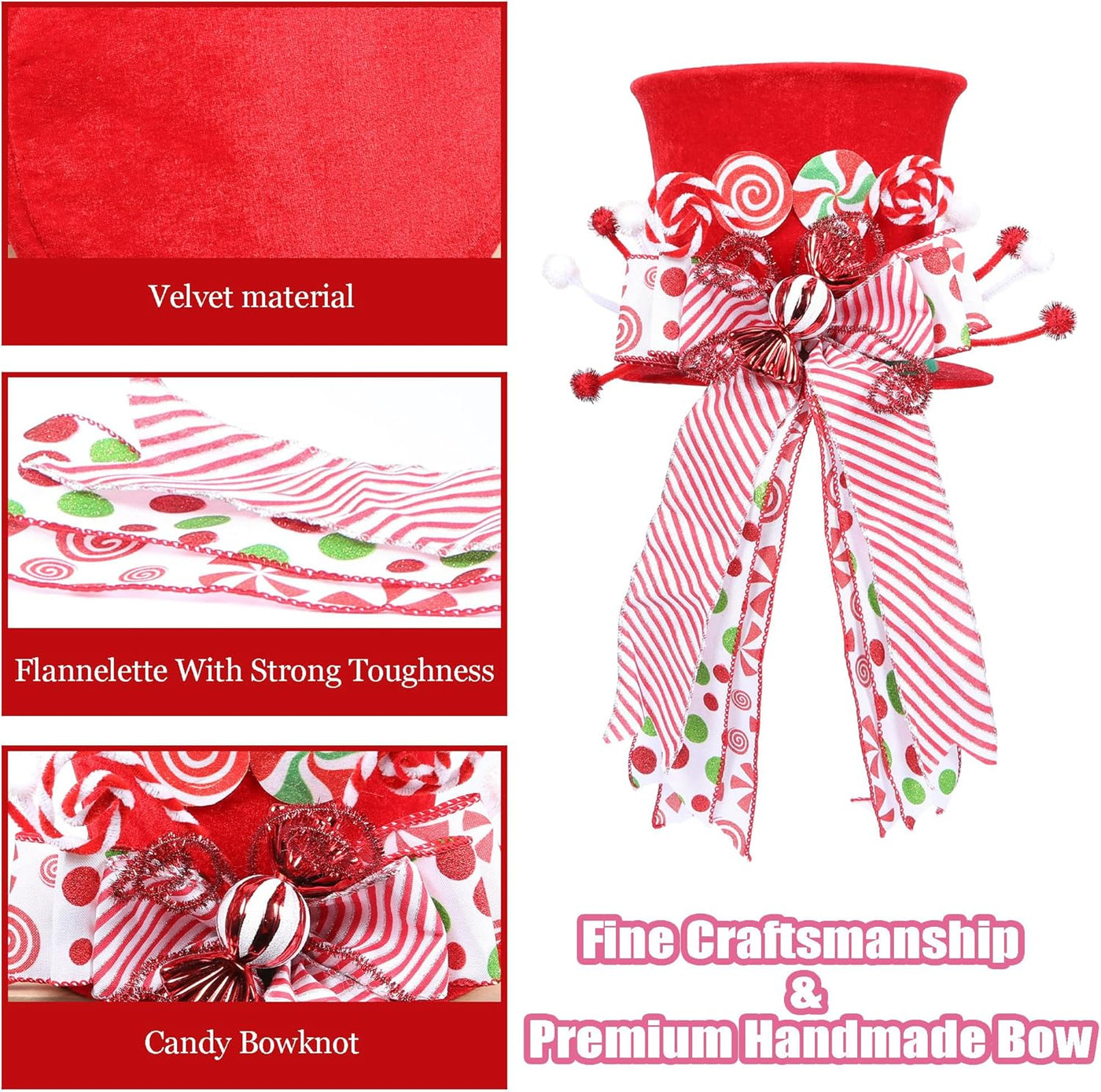 Candy Cane Christmas Tree Topper, Velvet Red Tree Topper Hat with Candy Peppermint Bows Ribbon Ornament, Top Hat Christmas Tree Topper for Home Office Holiday Tree Decoration Xmas Gift