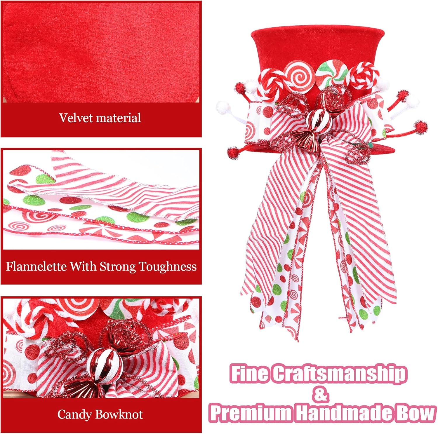 Candy Cane Christmas Tree Topper, Velvet Red Tree Topper Hat with Candy Peppermint Bows Ribbon Ornament, Top Hat Christmas Tree Topper for Home Office Holiday Tree Decoration Xmas Gift