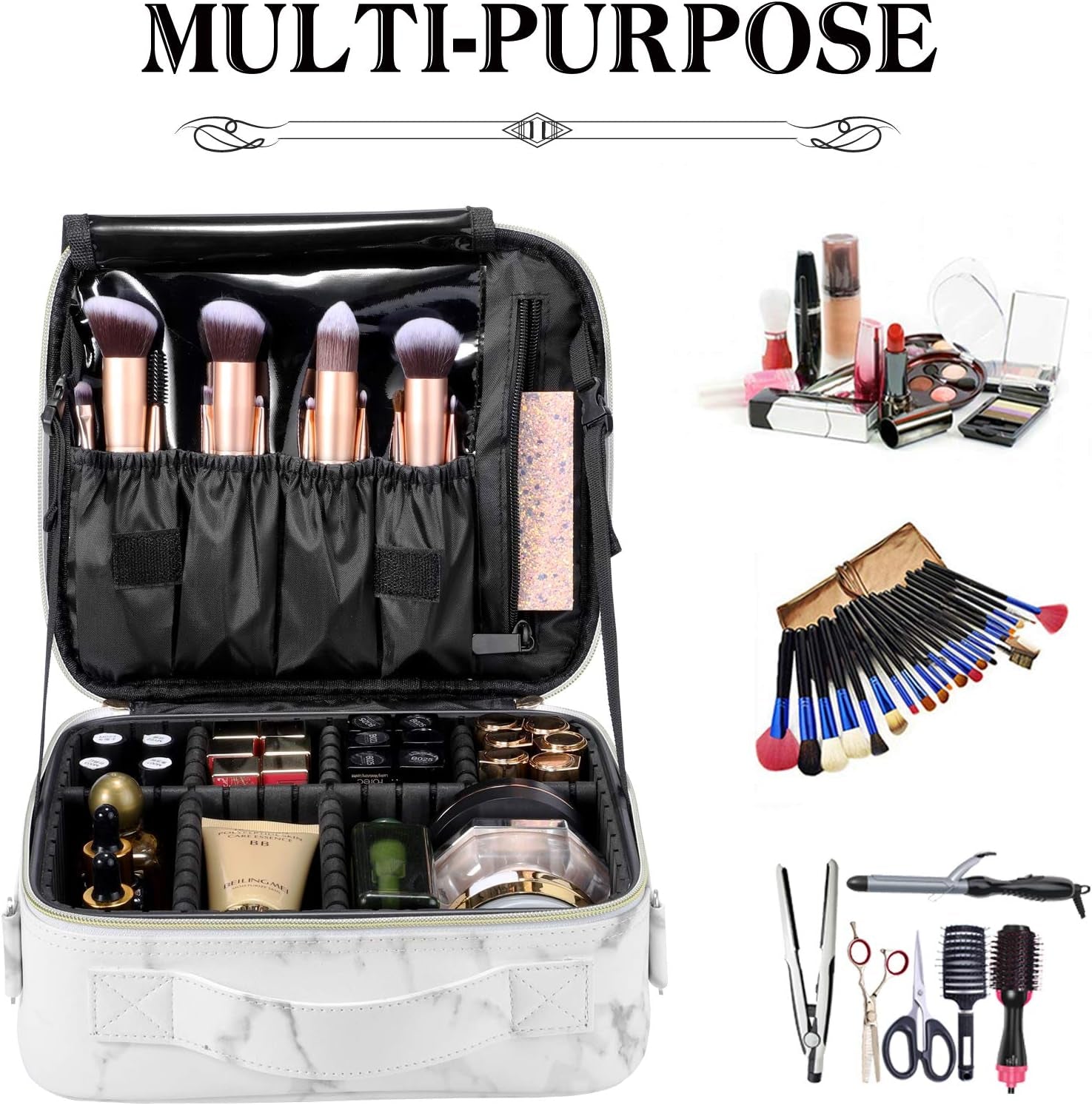 Travel Makeup Bag 10.4 Inches Portable Makeup Train Case Cosmetic Bag Organizer with Adjustable Dividers and Shoulder Strap for Cosmetics Brushes Toiletry Jewelry Digital Accessories (Marble)