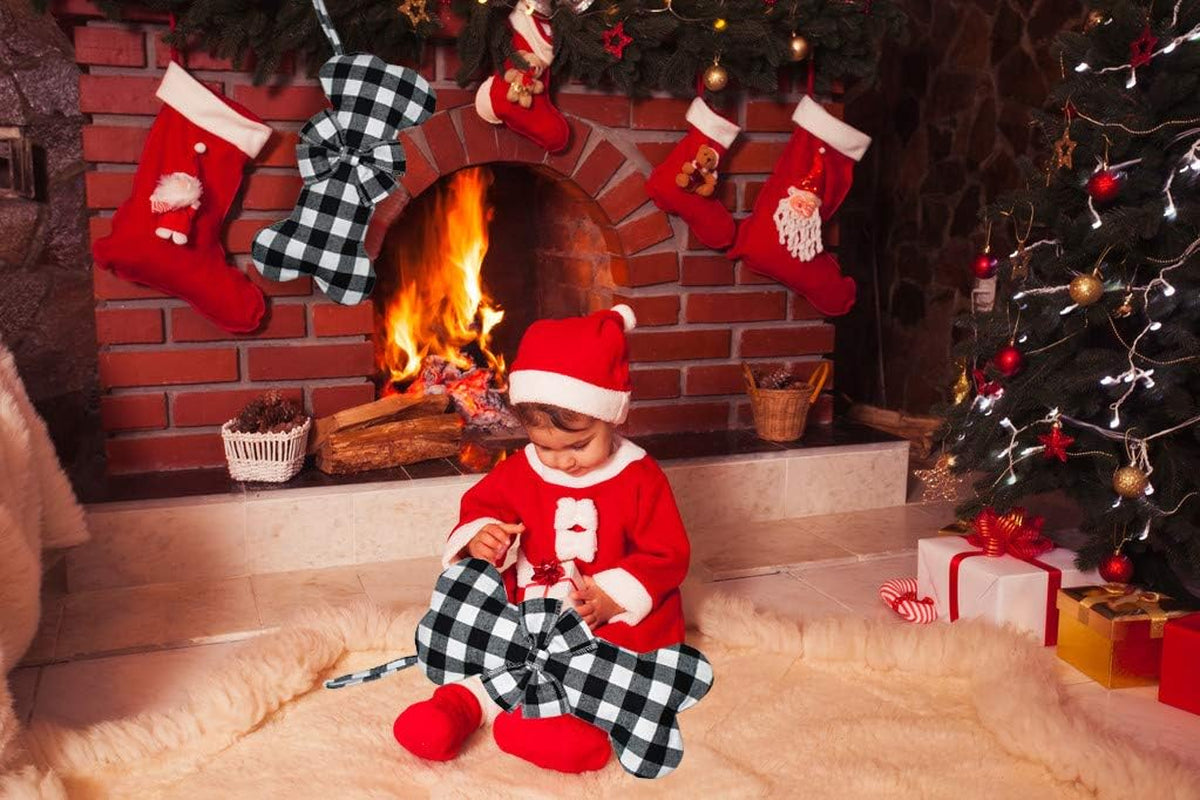Pet Dog Christmas Stockings Classic Buffalo Black White Plaid Large Bone Shape Hanging Christmas Stocking for Dogs Pets