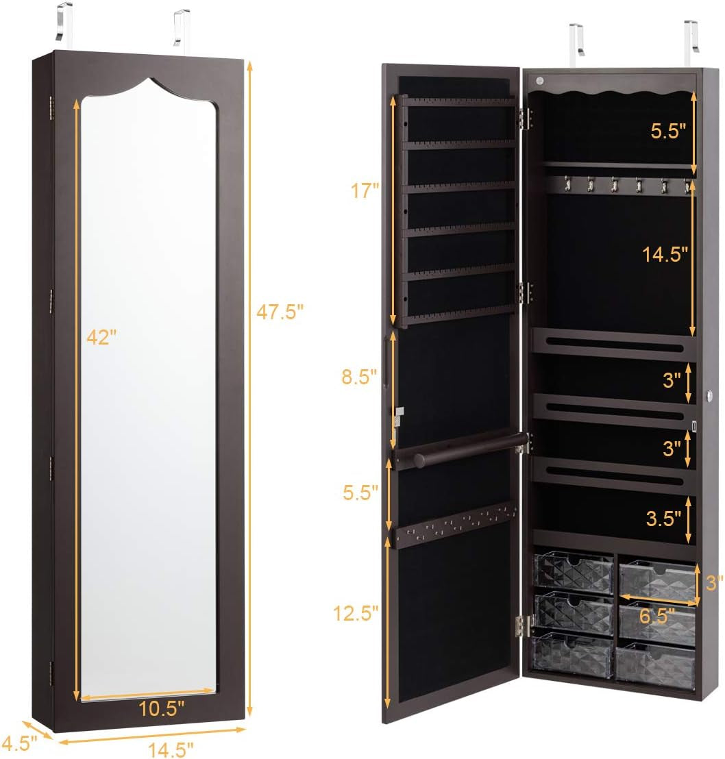 Jewelry Cabinet Armoire, Wall Mount Door Hanging, Lockable Jewelry Organizer with 47.5'' Full Length Mirror, 5 Lights, Large Jewelry Storage Box with 6 Acrylic Drawers (Brown)