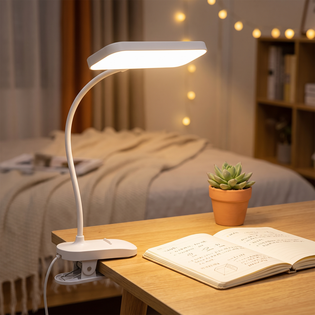 Aurora Clip-On LED Desk Lamp in a cozy bedroom study