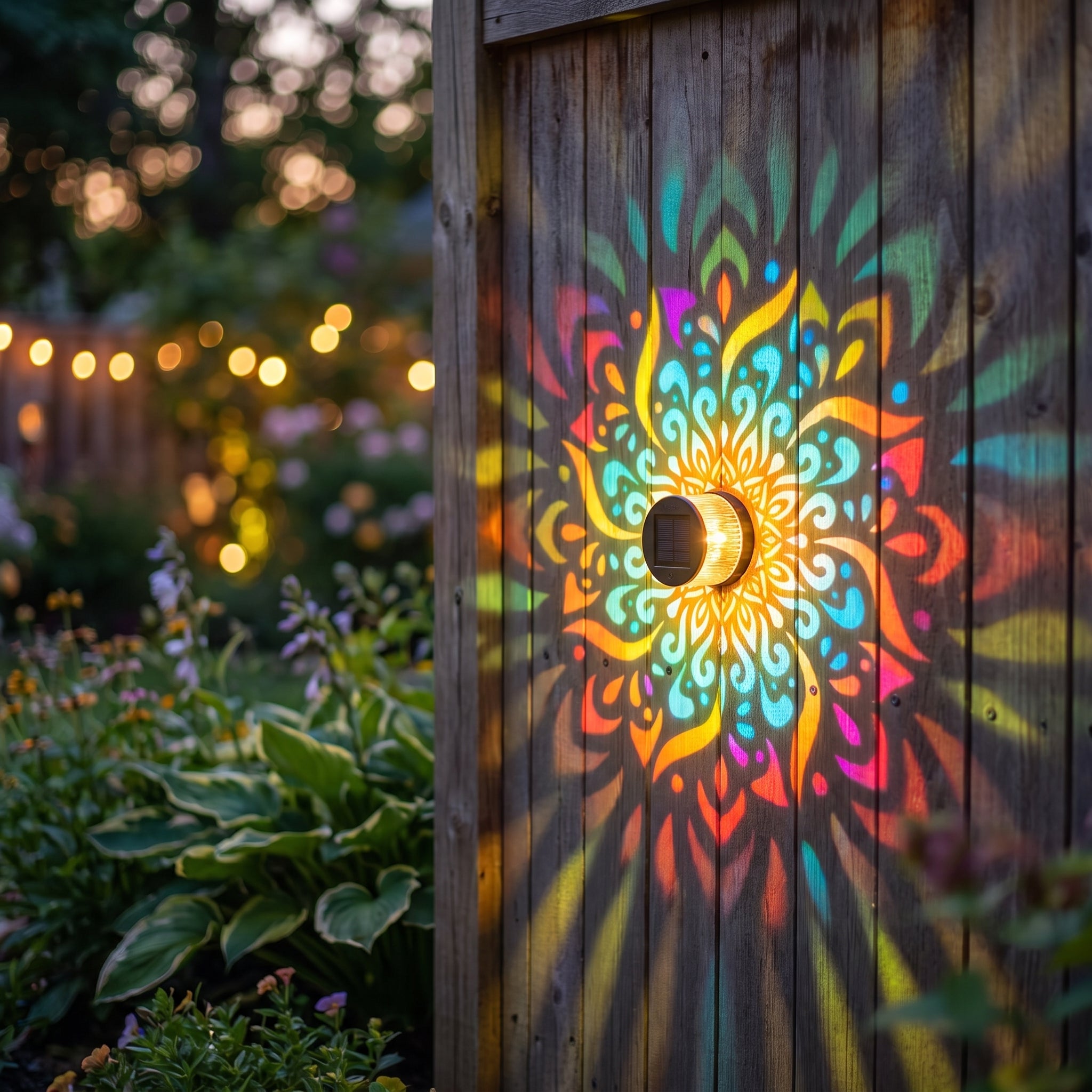 Mandala Solar Garden Wall Light glowing on a fence at dusk