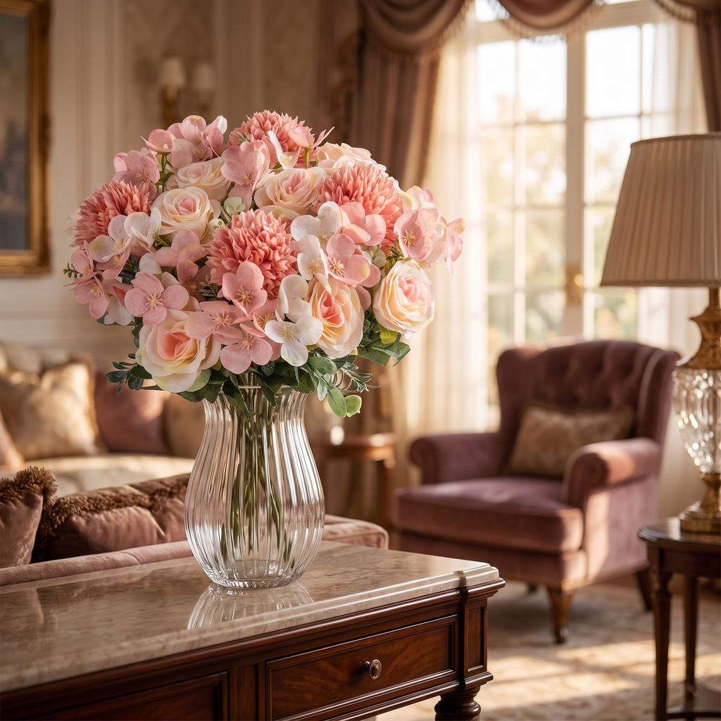 Silk rose and chrysanthemum bouquet in a glass vase