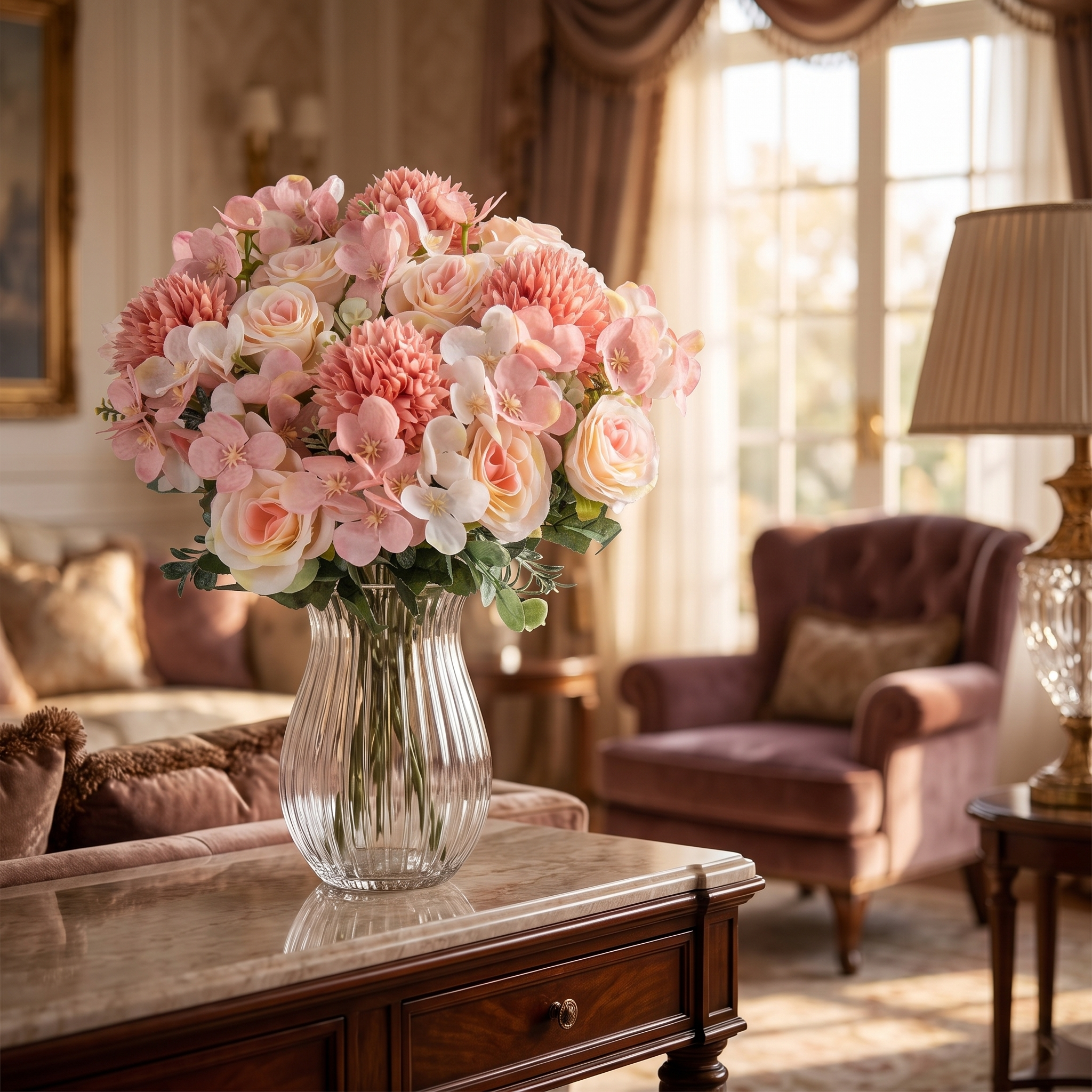 Silk rose and chrysanthemum bouquet in a glass vase