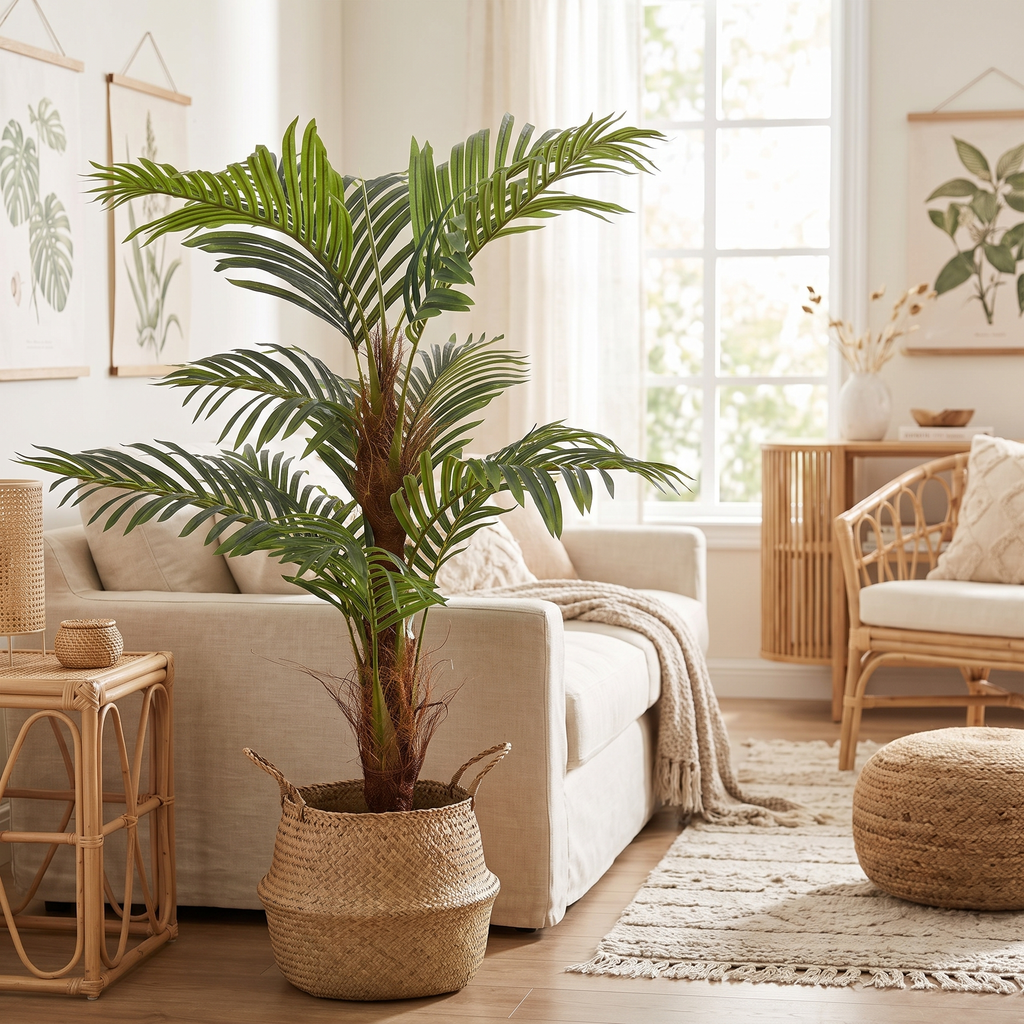 Artificial palm tree in a woven basket in a living room