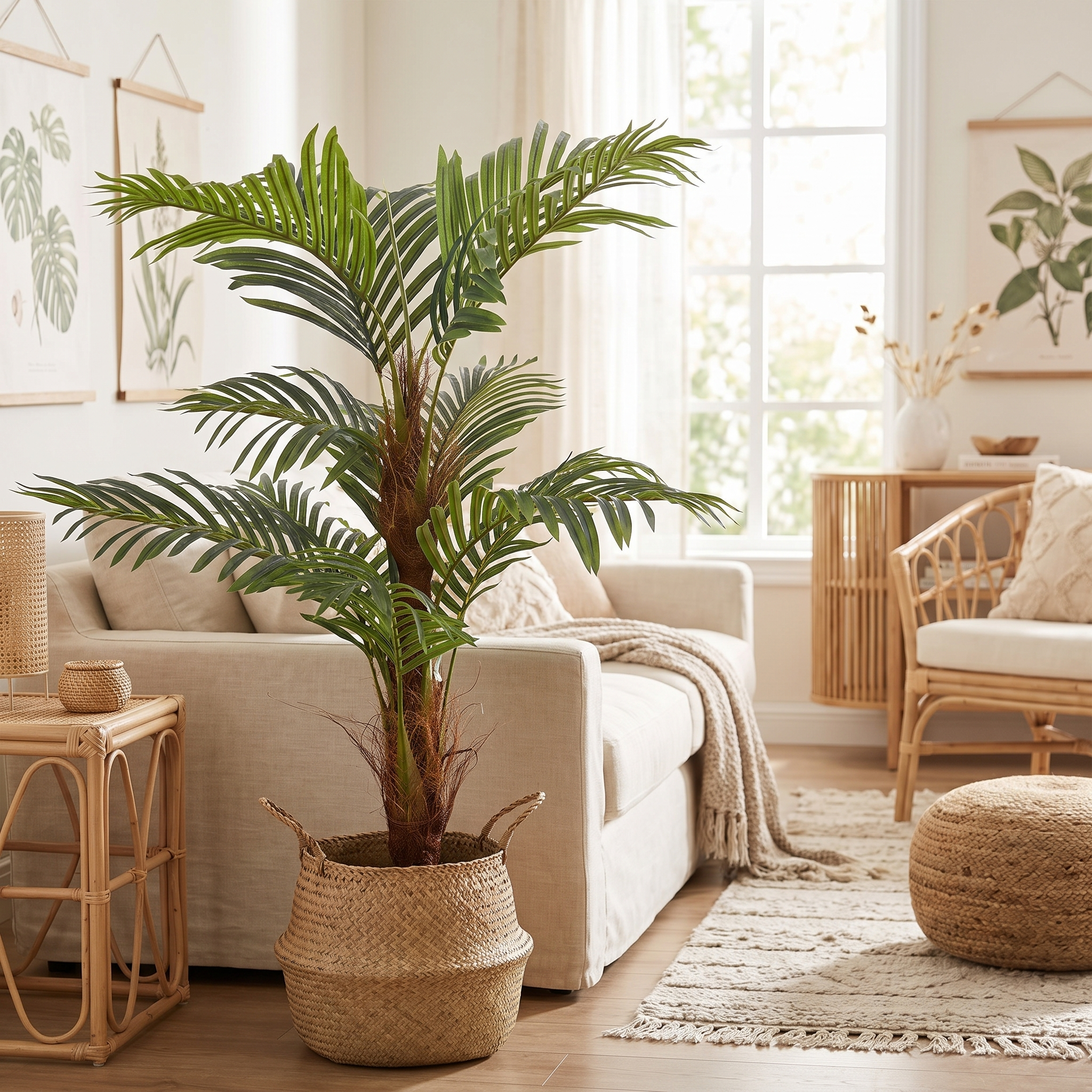 Artificial palm tree in a woven basket in a living room