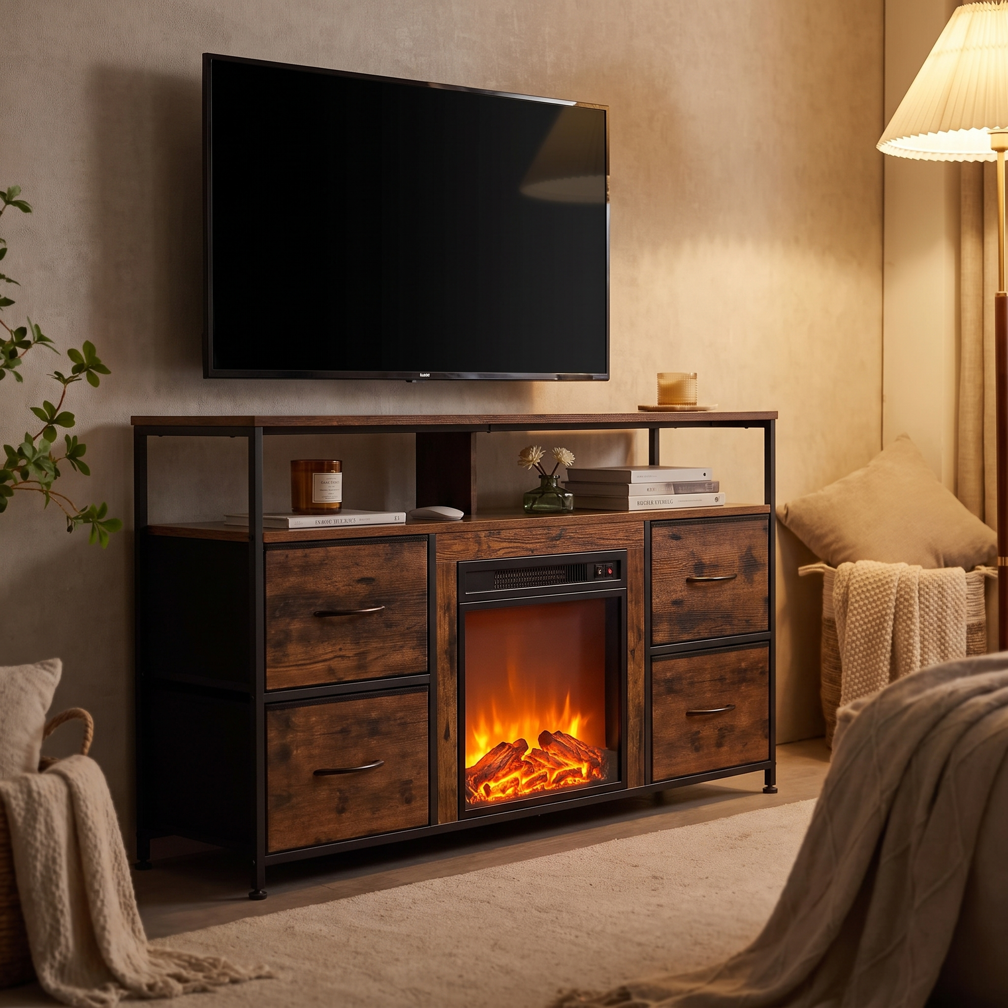 Fireplace TV stand in a cozy living room