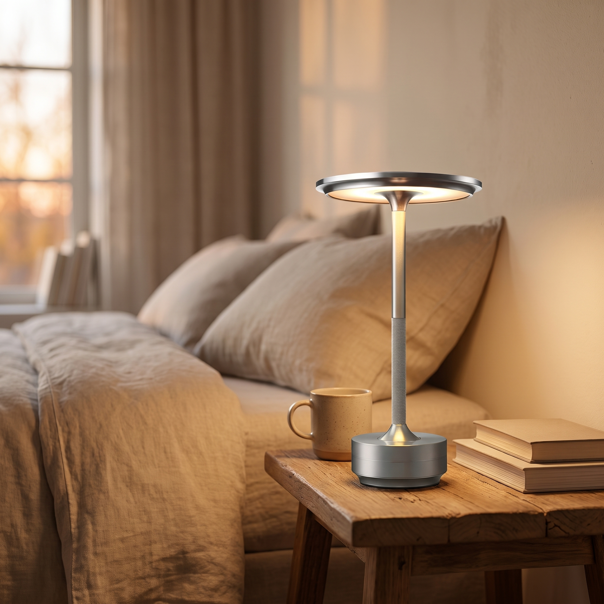 Wireless LED table lamp glowing on a bedside nightstand