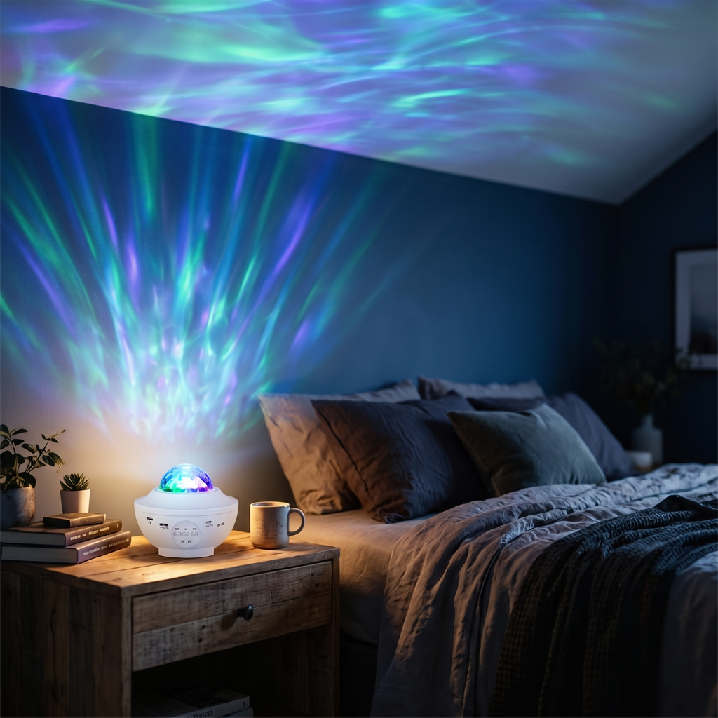Aurora ripple projector casting northern lights in a bedroom