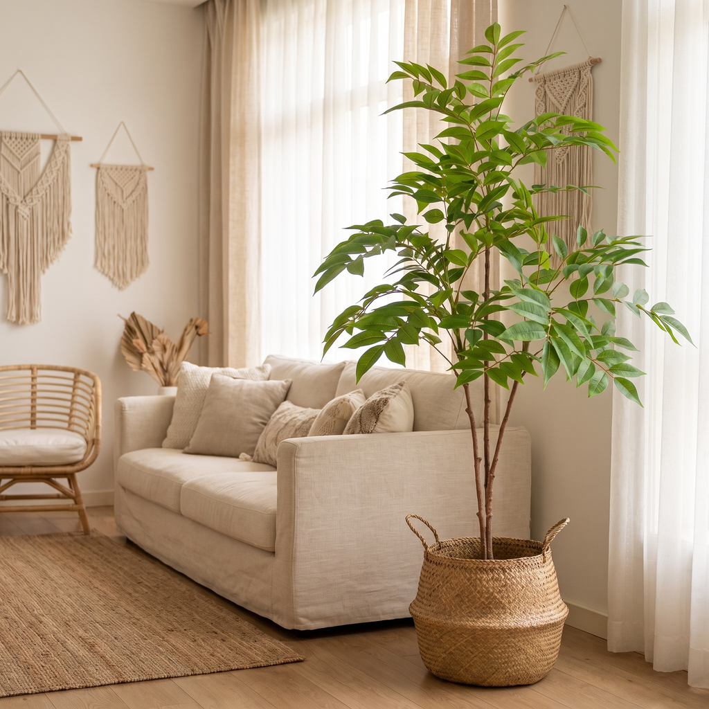 Artificial ficus tree in a boho-modern living room