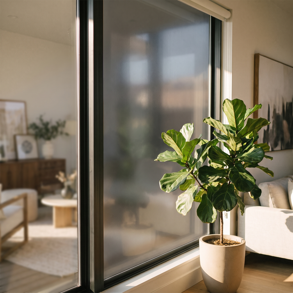 Privacy window film on a sunny living room window
