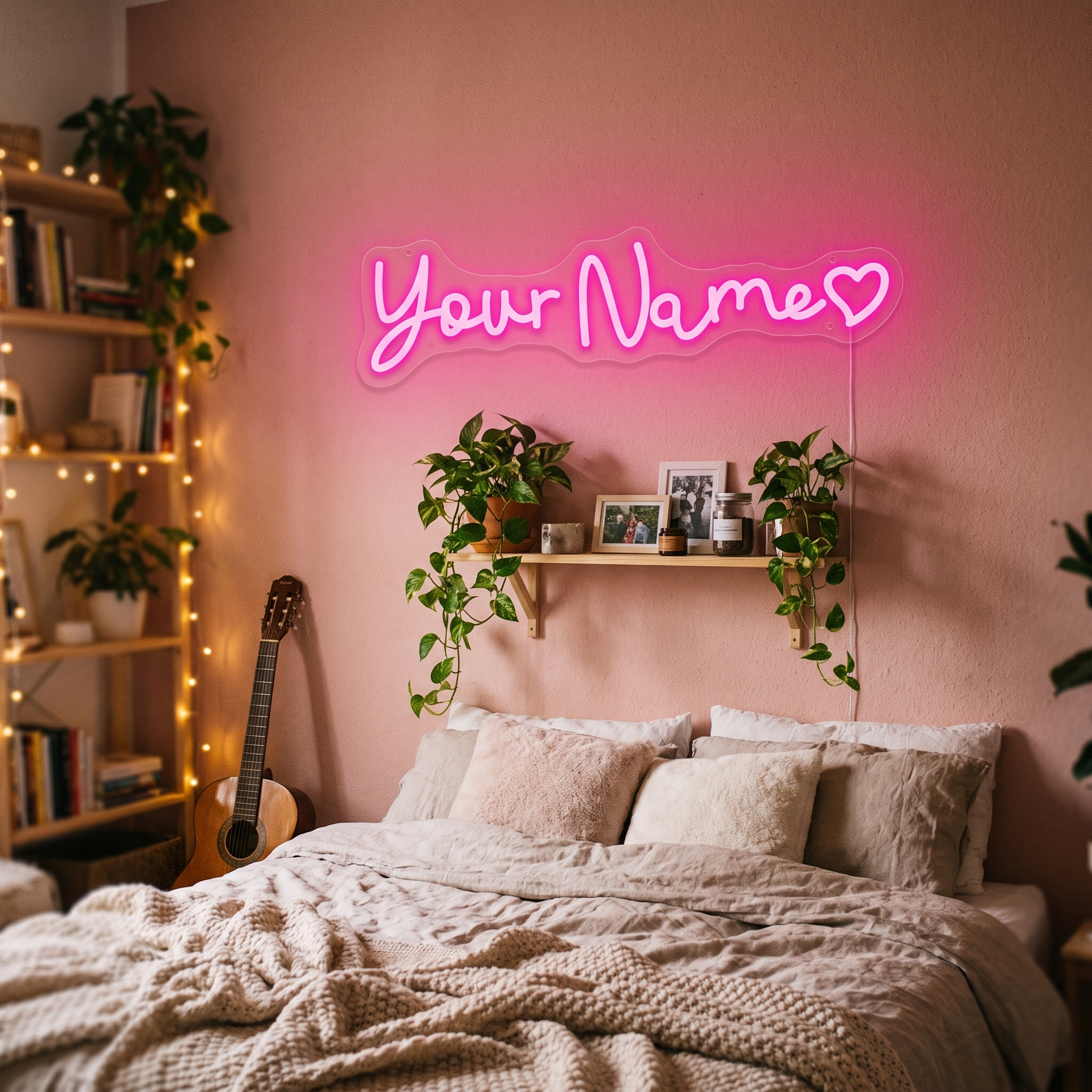 Custom LED neon sign on a bedroom wall