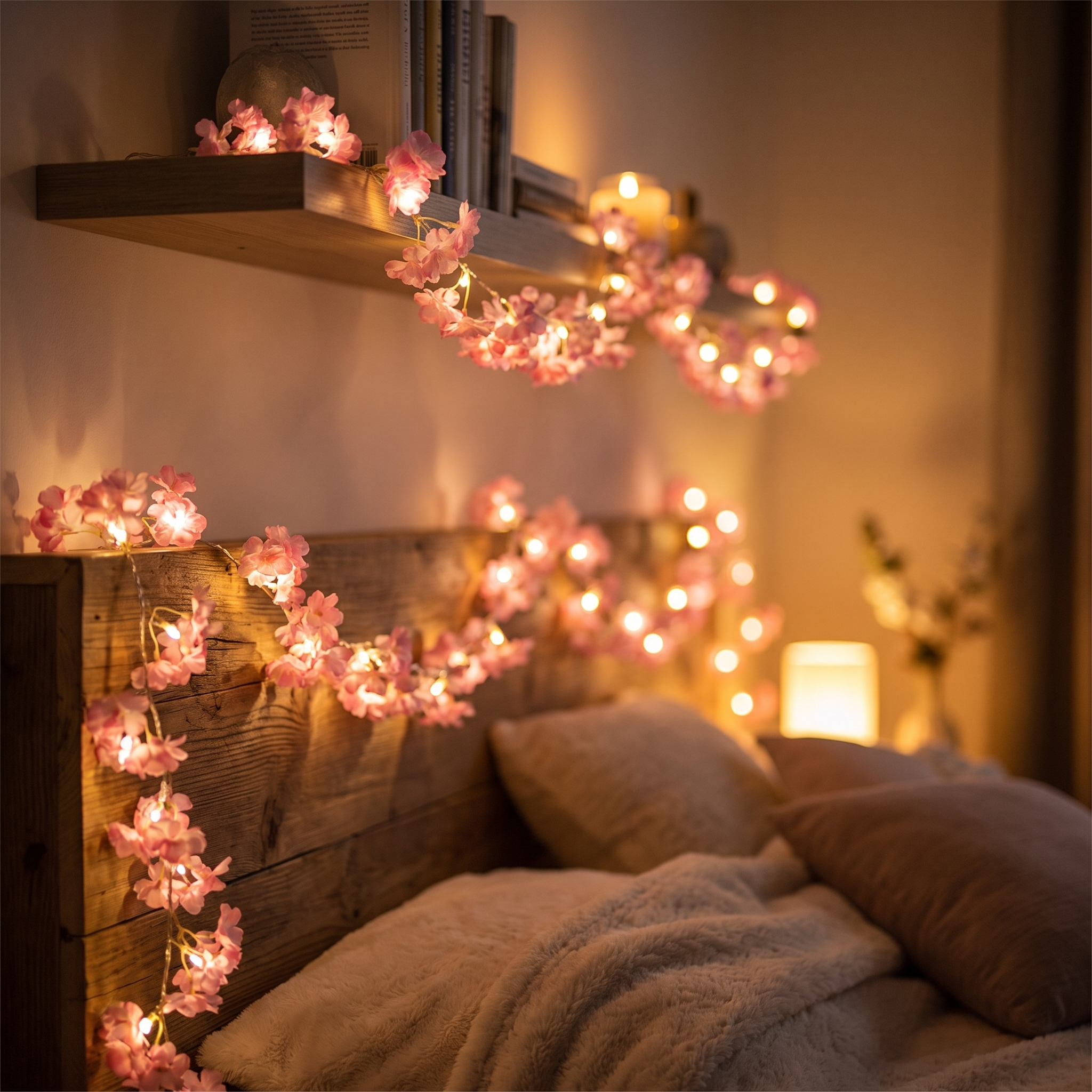 Cherry blossom fairy string lights in a cozy bedroom