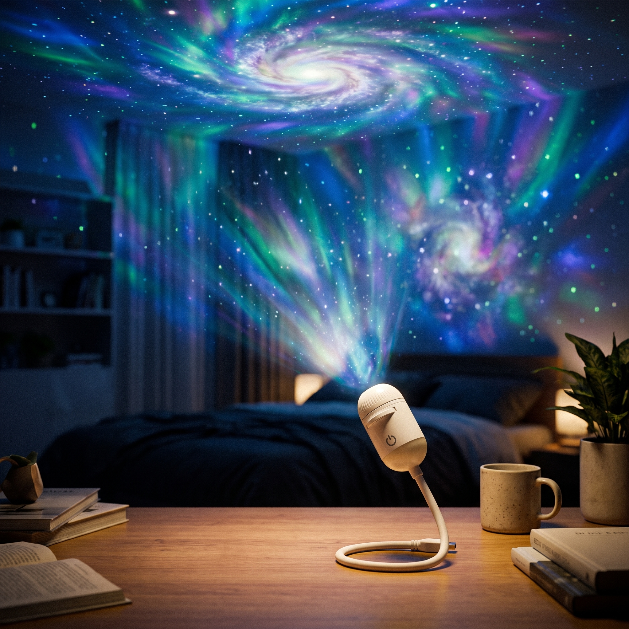 Ambient projector lamp casting galaxy glow in a bedroom