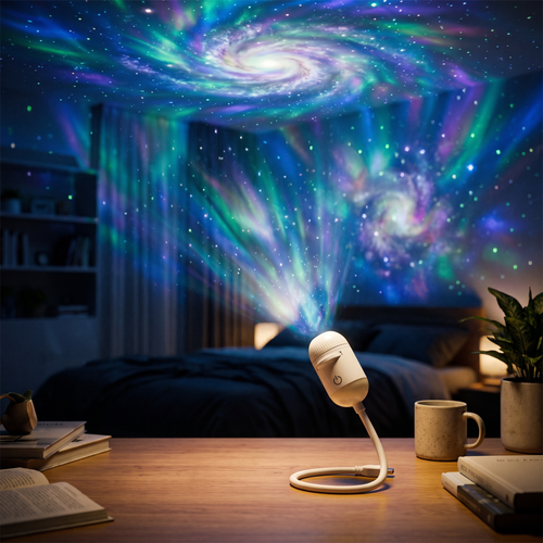 Ambient projector lamp casting galaxy glow in a bedroom