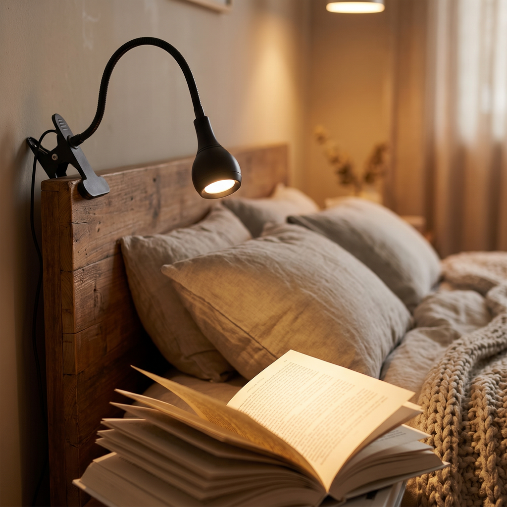 Clip-on reading lamp on a headboard